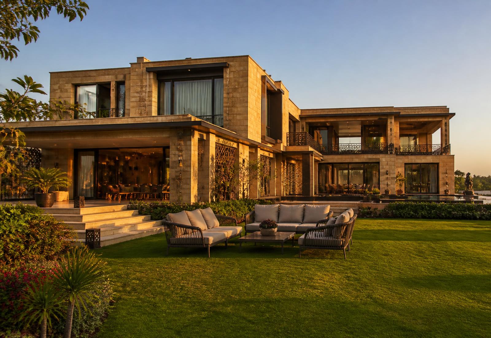 Luxury villa exterior at golden hour representing premium property consulting